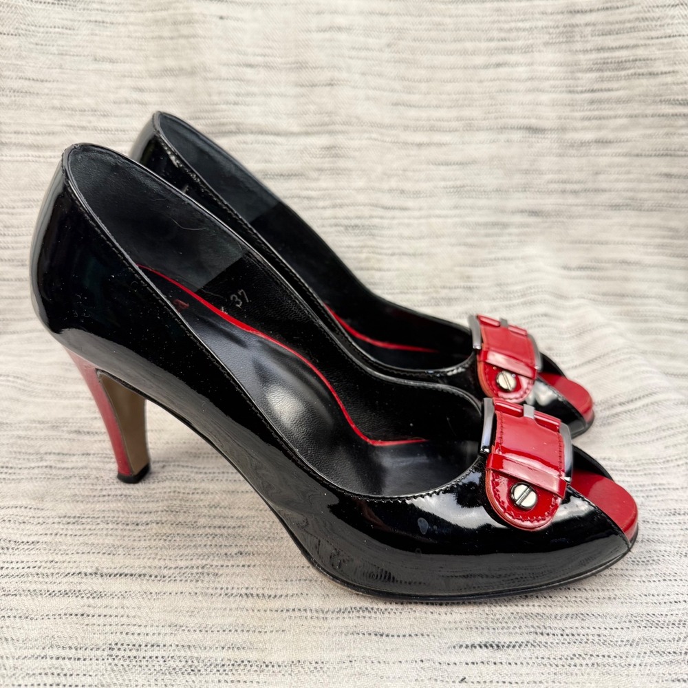 LaDuca‎ Black Red Buckle Peep Toe Retro Patent Leather Heels Size 7 Party Pinup